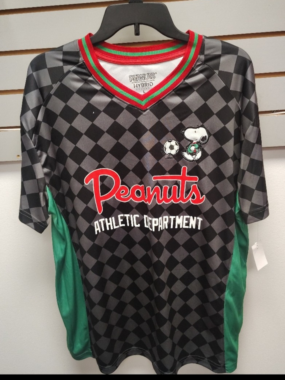 Peanuts Mens Soccer Jersey in Black, Green & Red